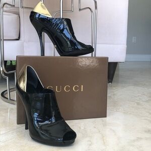 Gucci Black Stiletto Open Toe Booties Gold Back -8